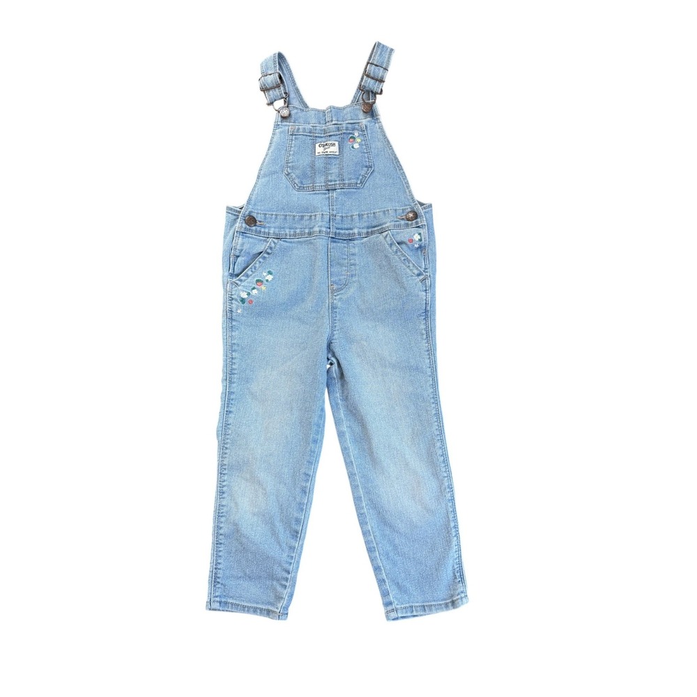 Y2K OshKosh Girls Denim Overalls Embroidered Floral Strawberry
